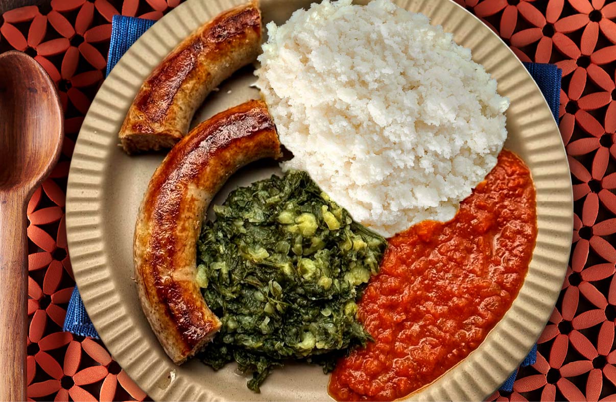 Phuthu with Imifino & Wors (with Nyala)